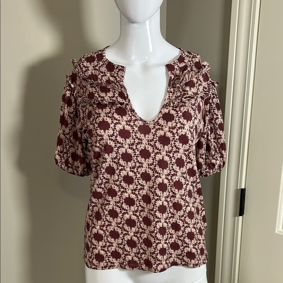 Nation Ltd Judith Yoked T Shirt Top Womens V Neck Puff Sleeve Ikat Sz XS - Picture 2 of 13